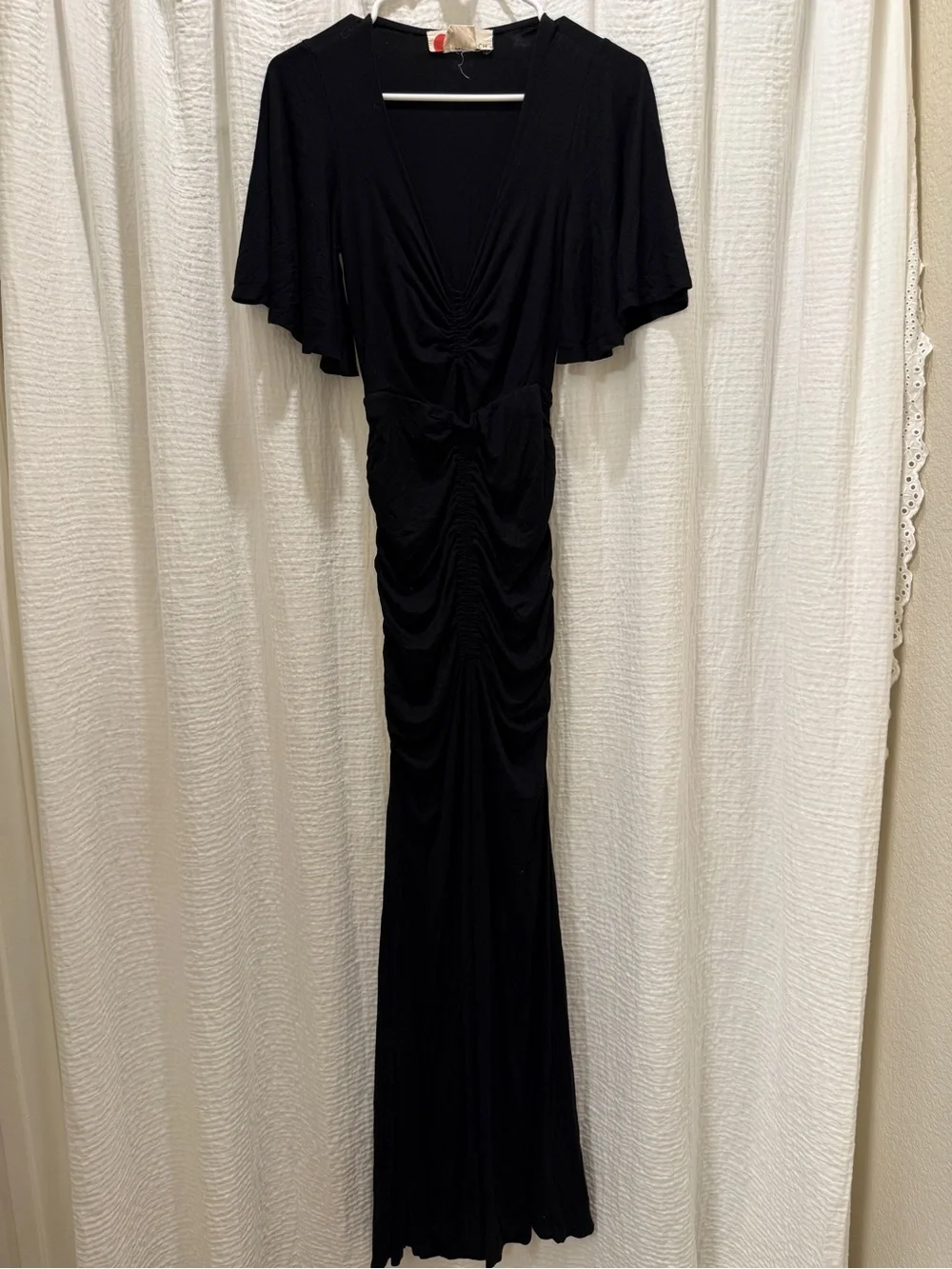 FP Beach Free People Ruched V-Neck Maxi Dress Gown - Flutter Sleeves - Size XS